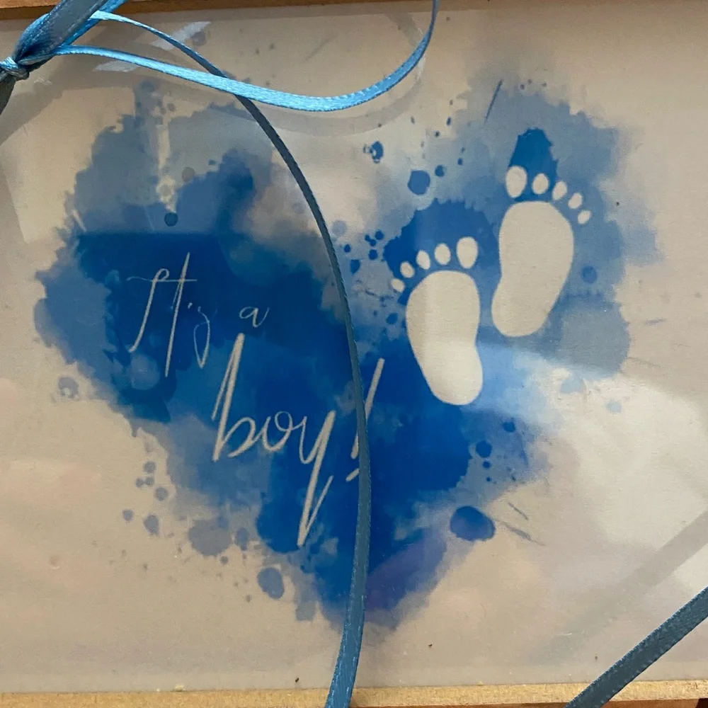Wooden Baby Boy Photo Frame with Blue Accents with Easel